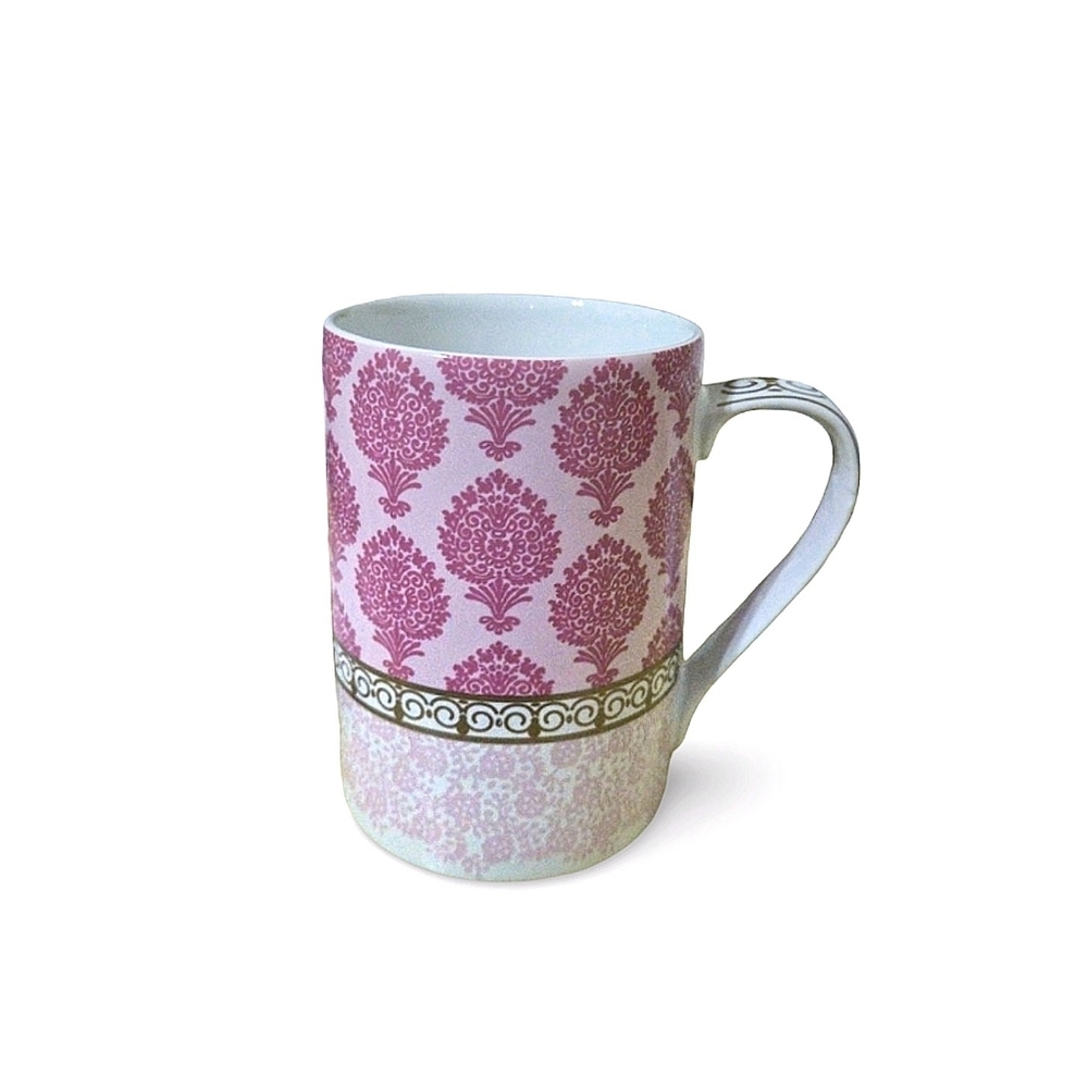 Cynthia Rowley Pink White & Gold Floral Damask 12 Oz Coffee Mug / Tea Cup